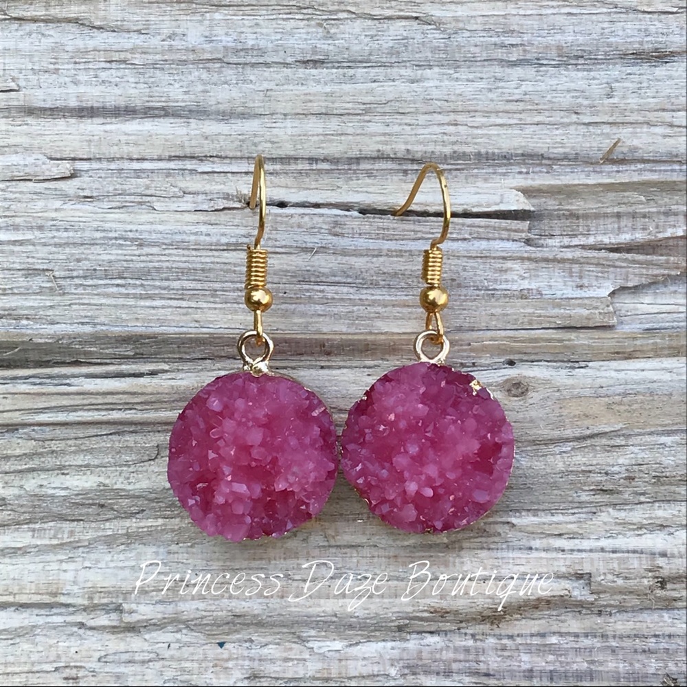 Gold Salmon Druzy Stone Dangle Earrings